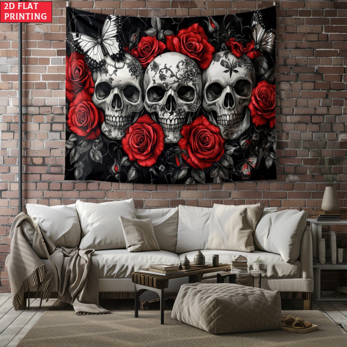 Interior Design Home Decor - Tapeçaria gótica de caveira e rosas
